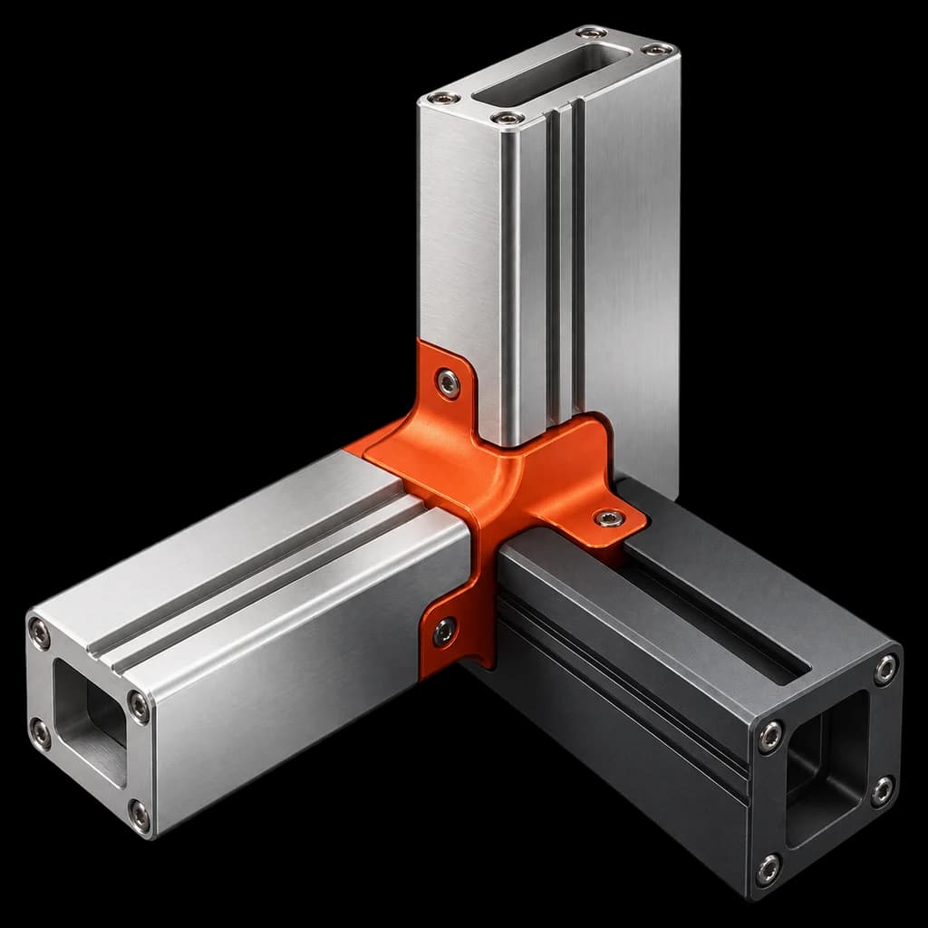 Three precision-made modules joined by one orange connector, an abstract illustration of the Manef ecosystem.